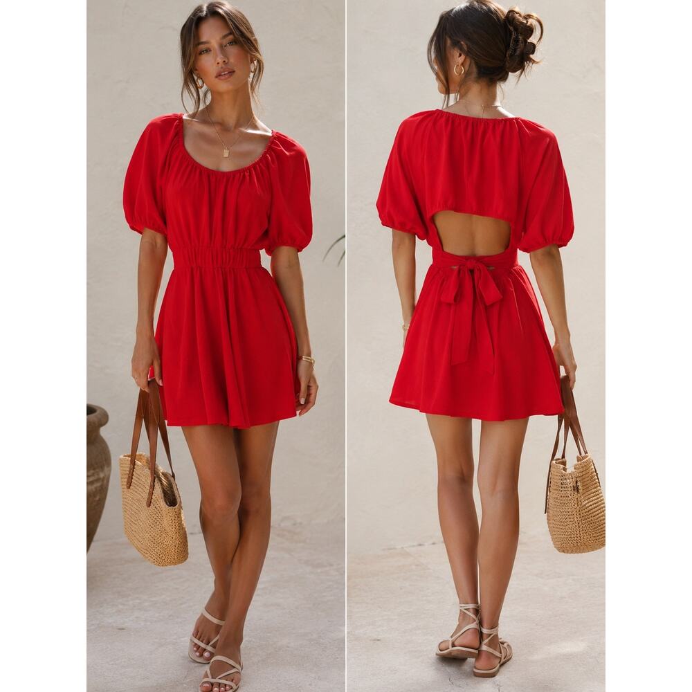 entro Red Puff Sleeve Mini Dress with Open Back
